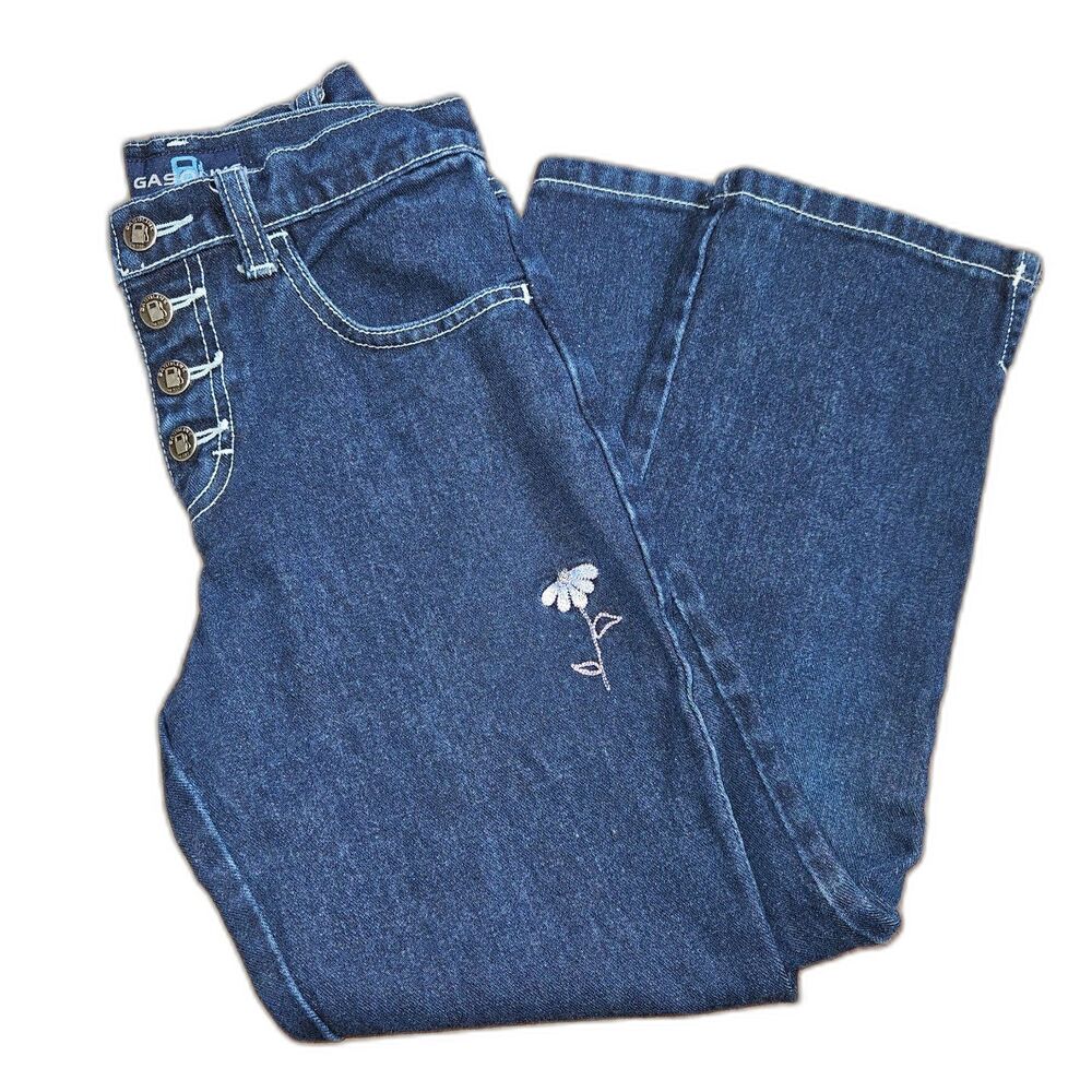GASOLINE Button Fly Girls Flower Embroidered Straight Jeans Size 8